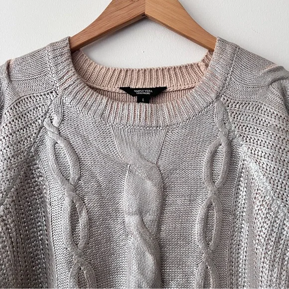 Simply Vera Vera Wang Metallic Silver Women's Cable Knit Pullover Tan Sweater L - Picture 2 of 10